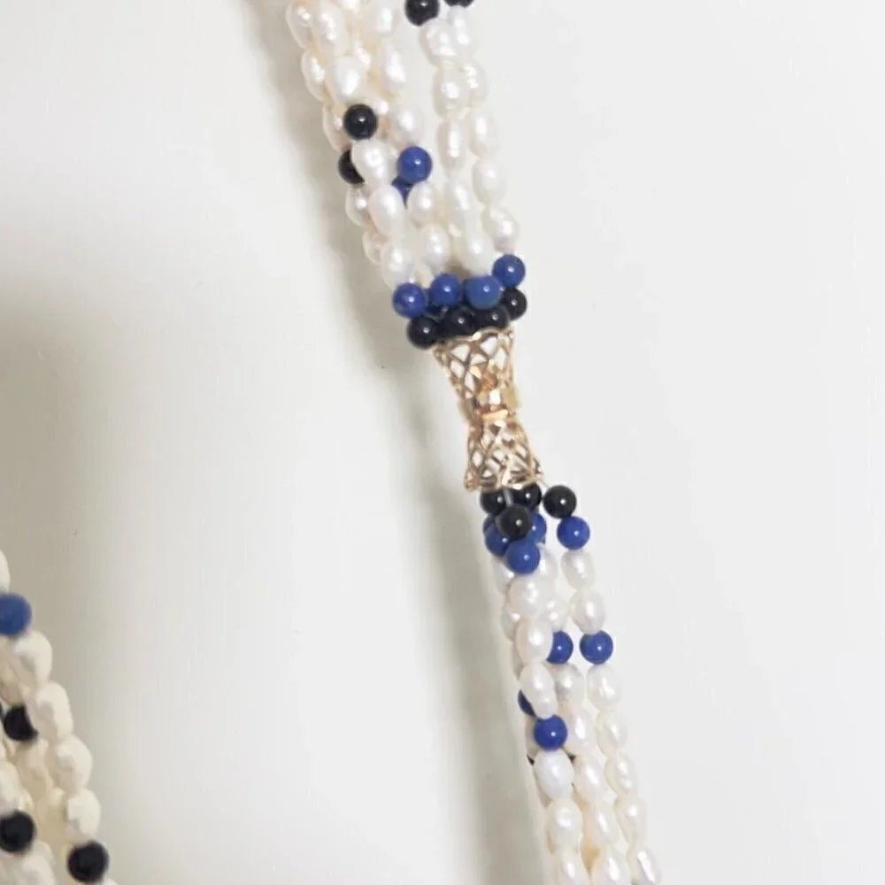 Vintage 14k Yellow Gold Pearl 6 Row Multi Strand Onyx Lapis Statement Necklace